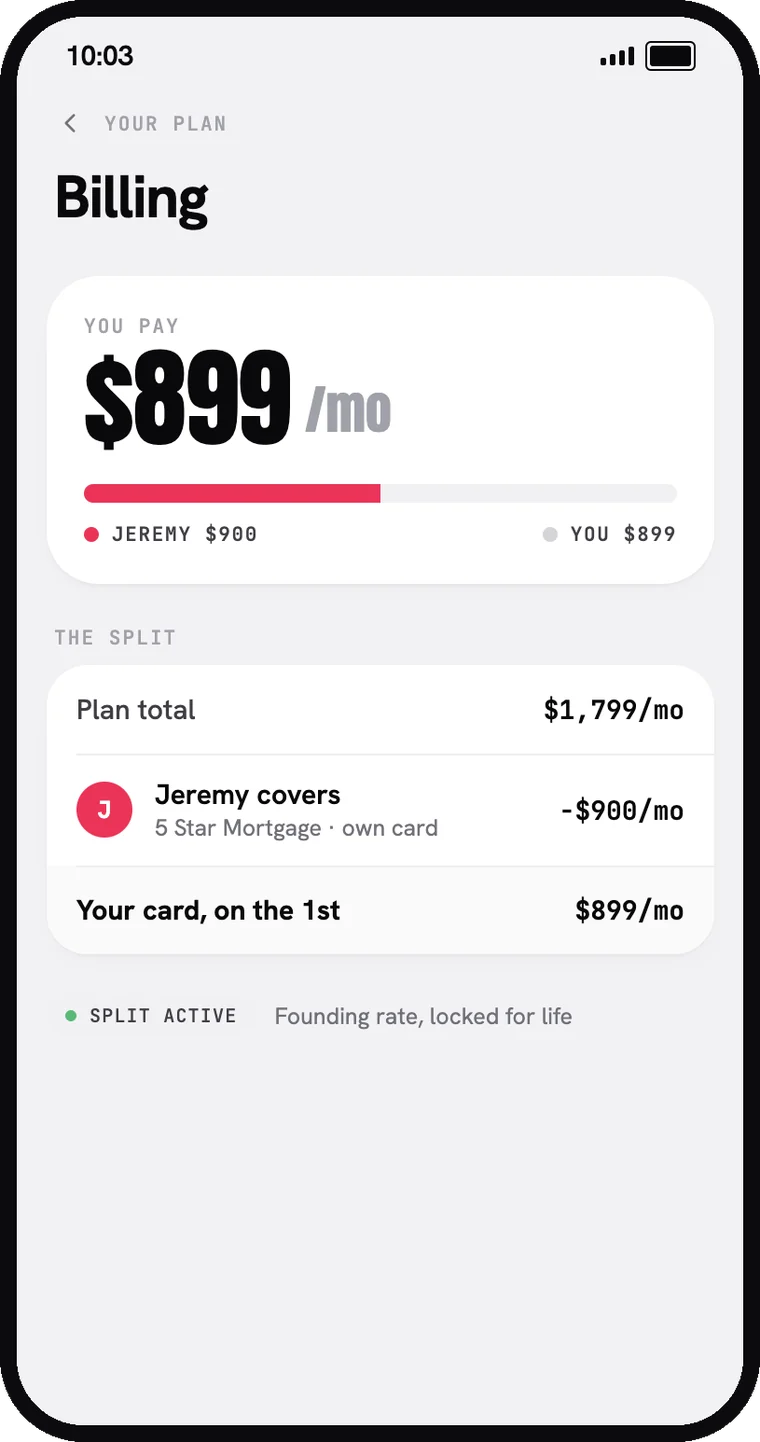 A billing screen showing a plan split between the lender's card and the agent's card.